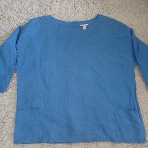 Eileen Fisher Linen Tunic Top Womens XL Blue Boxy 3/4 Sleeve Pockets Minimalist